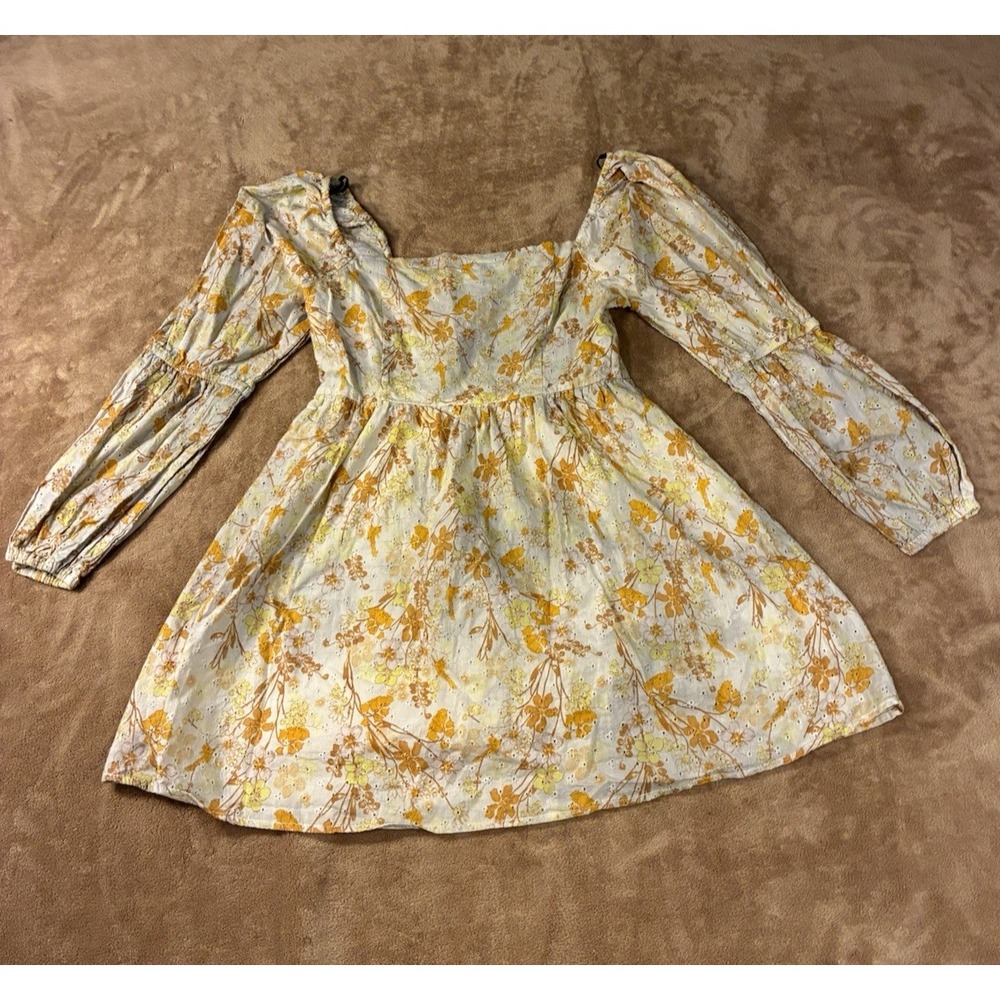 Womens Mini Dress Med Cream Orange Floral Eyelet Cotton Coquette Picnic Princess
